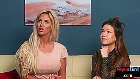 Cute voyeur babes watching guy jerking