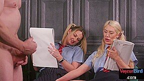 Horny voyeur babes teasing old wanker