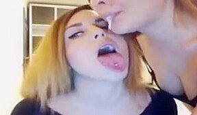 Girls sloppy spits saliva kiss