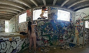 Risky Public Nudity — Hot Girls on Vacation Spray Painting Graffiti
