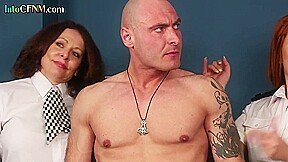 Naughty uniform CFNM babes giving tugjob