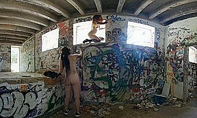 Risky Public Nudity — Hot Girls on Vacation Spray Painting Graffiti