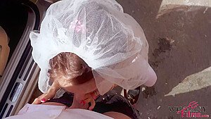 Slutty Bride Gives Sloppy Blowjob Outdoors And Gets Squirted In The Car