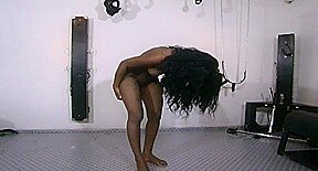 Black Girl in Fetish Dress Plays with Slave Latex Wrapped
