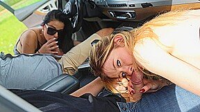 Brunette & blonde babes sloppy blowjobs, pounded doggy outdoors at Swhores