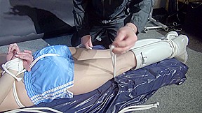 Lady M Tied And Spanked In Shiny Blue Nylon Shorts