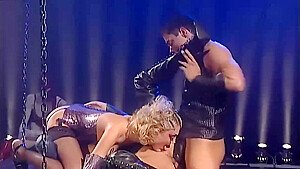 Anal filled fetish threesome with babe in thigh high boots ends in bukkake