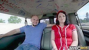 Brunette in a red shirt got fucked in the back of a van, until she came