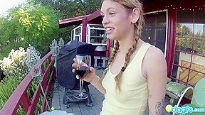 His emo girlfriend enjoys the balcon and gives him a juicy blowjob