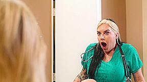 Busty tattooed blonde squirting all over the big tits nurse