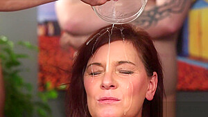 Wicked centerfold gets sperm shot on her face gulping all the sperm