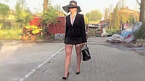 Blonde mature wife in too short miniskirt exposes her ass