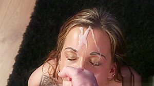 Naughty beauty gets jizz shot on her face eating all the spunk