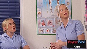 Stunning nurse voyeurs teasing a guy