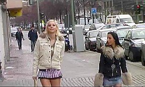 Tall blonde and small brunette lesbians in public